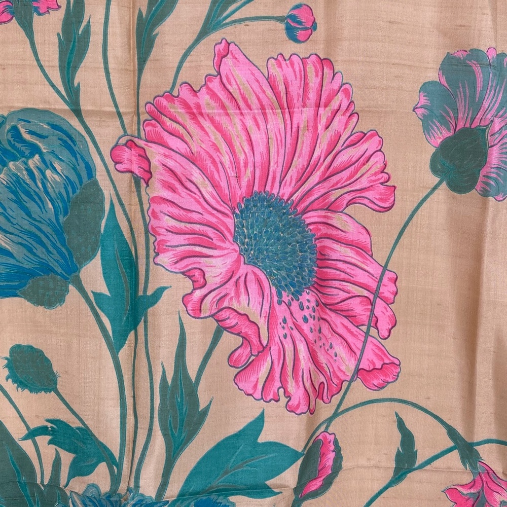 Women's 100% Raw Silk Scarf Beige Pink Blue Floral Print Handmade in Thailand - Picture 3 of 12